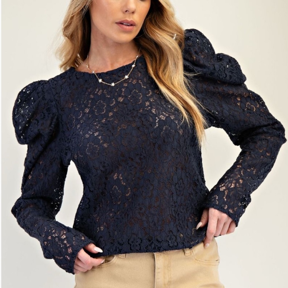 Easel Elegant Navy Lace Puff Sleeve Top